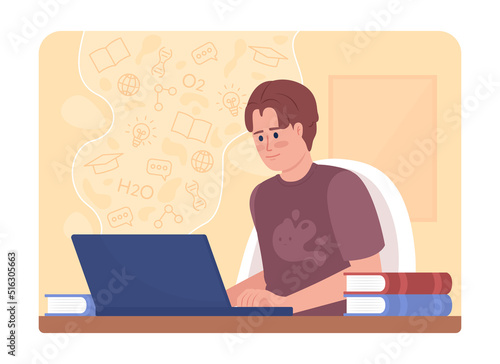 After school education 2D vector isolated illustration. Knowledge seeker. High school student flat character on cartoon background. Colourful editable scene for mobile, website. Quicksand font used