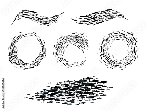 Shoal and fish school silhouette, sea fishes group in ocean or marine water, isolated vector. Fish school of herring, salmon or tuna swimming in deep ocean in round or wave shoal frames