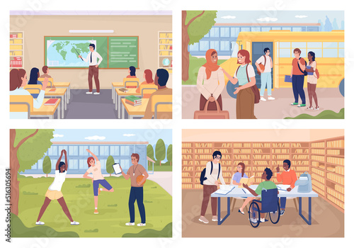 Daily routine of school students flat color vector illustration set. School education. Academic period. Fully editable 2D simple cartoon characters collection with school environment on background