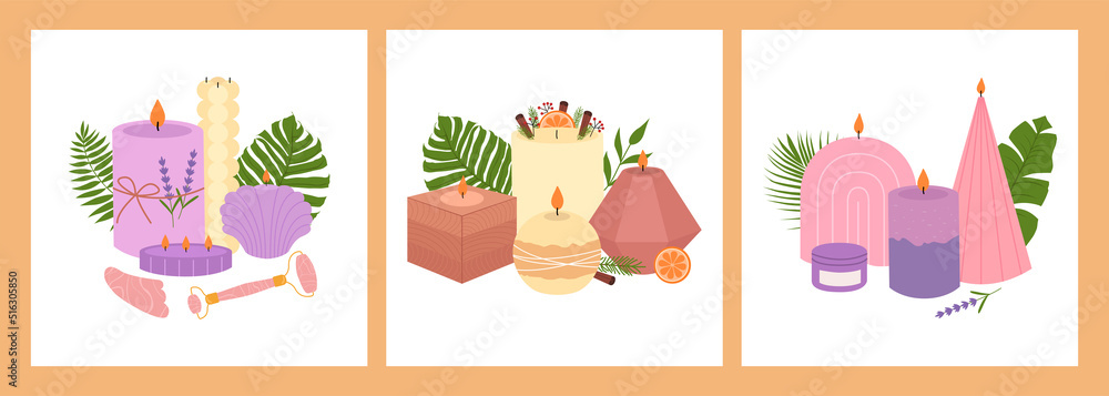 Various  arrangement  with  aromatic candles decorated with tropical leaves. Decorative wax candles for relax and spa. Hand drawn modern Vector illustrations.