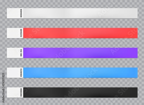 Paper wristband bracelet mockup, wrist band or entrance pass to event vector hand band. VIP access wristband bracelets for festival or concert entrance, color hand band ticket for hotel pass admission
