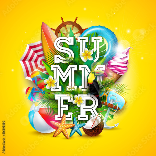 Summer Holiday Banner Design with Colorful Beach Elements and Typography Lettering on Sun Yellow Background. Flower, Tropical Plants and Sunshine for Flyer, Invitation, Brochure, Poster or Greeting