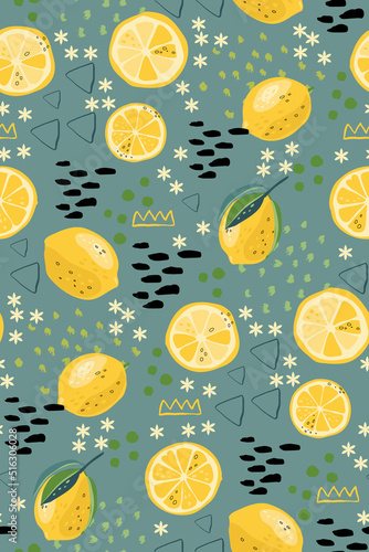Trendy seamless pattern with lemon, leaves and abstract shapes. Can be used for textile design, printing fabric.  Limited color palette.