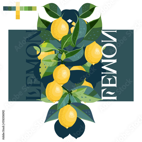 Illustration  with lemons, leaves and text.   Can be used for lemon based products as label. Vector illustration. Graphic design template. 
