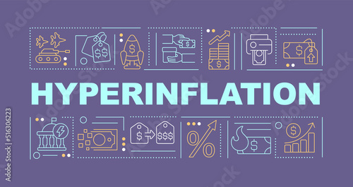 Hyperinflation word concepts dark blue banner. Economic turmoil. Infographics with editable icons on color background. Isolated typography. Vector illustration with text. Arial-Black font used
