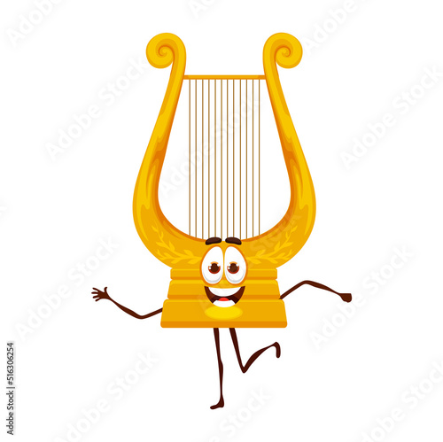 Cartoon dancing lira character. Isolated vector lyra plucked stringed instrument personage. Musical vintage object for playing classic or folk music. Smiling traditional greek harp positive emotions
