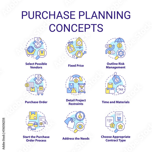 Purchase planning concept icons set. Procurement order process idea thin line color illustrations. Risk management. Isolated symbols. Editable stroke. Roboto-Medium, Myriad Pro-Bold fonts used