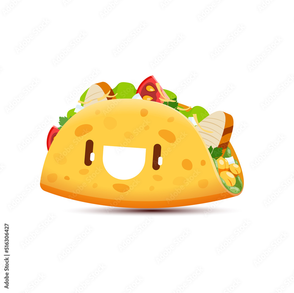 Cartoon tacos kawaii character, funny vector tex mex fast food personage. Mexican meal filled with lettuce, chicken and vegetables. Snack with happy eyes and smiling face for kids menu, takeaway dish Cartoon tacos kawaii character, funny vector tex mex fast food personage. Mexican meal filled with lettuce, chicken and vegetables. Snack with happy eyes and smiling face for kids menu, takeaway dish