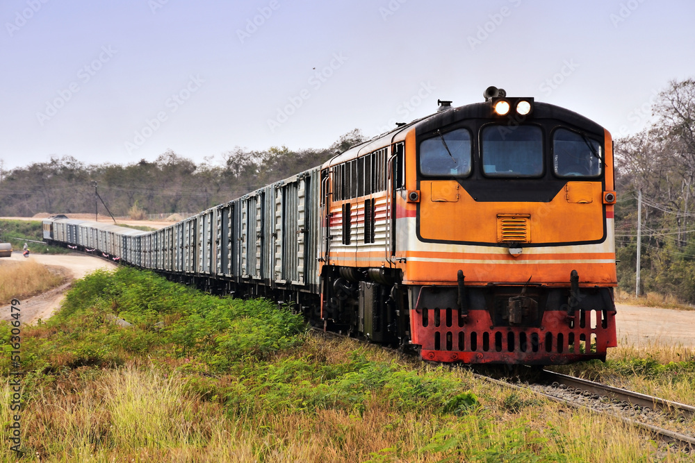 Obraz premium Freight train by diesel locomotive on the railway in Thailand