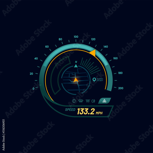 Futuristic car speedometer gauge dial with navigation map. Automobile speed meter futuristic vector display with navigation route pointer. Vehicle tachometer indicator or car speedometer digital gauge