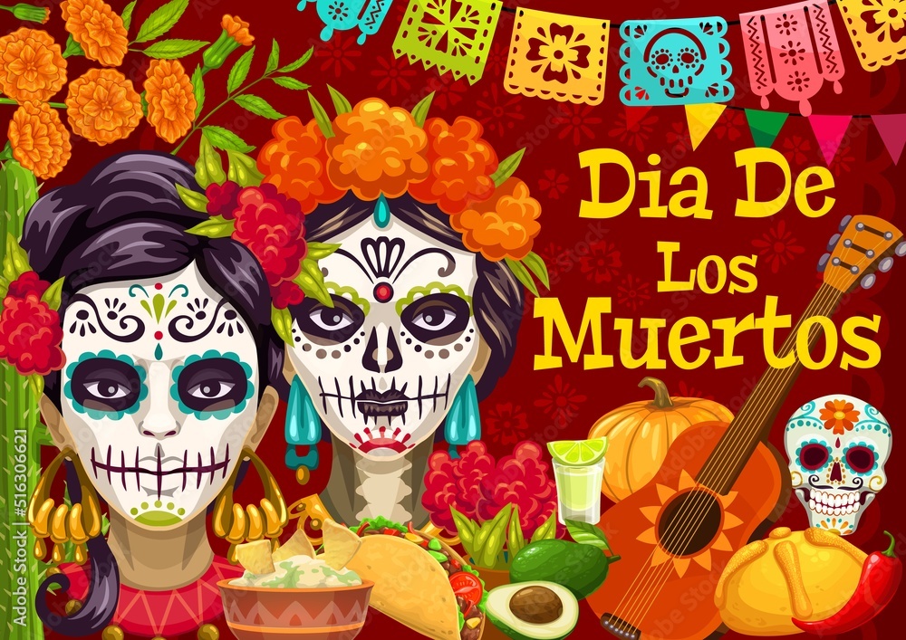 Dia de los Muertos mexican holiday poster. Vector day of dead festive design with Catrina character, sugar skull, marigold flowers, papel picado flags. Traditional food, tequila, guitar or pumpkin