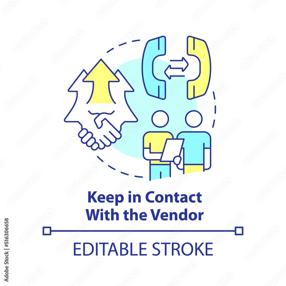 Keep in contact with vendor concept icon. Purchasing process flow abstract idea thin line illustration. Good relationships. Isolated outline drawing. Editable stroke. Arial, Myriad Pro-Bold fonts used