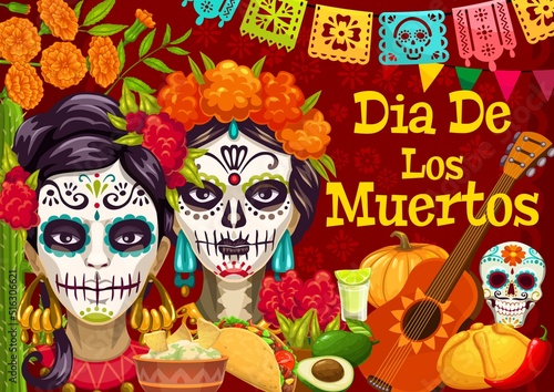 Dia de los Muertos mexican holiday poster. Vector day of dead festive design with Catrina character, sugar skull, marigold flowers, papel picado flags. Traditional food, tequila, guitar or pumpkin