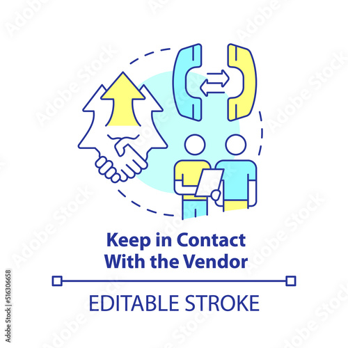Keep in contact with vendor concept icon. Purchasing process flow abstract idea thin line illustration. Good relationships. Isolated outline drawing. Editable stroke. Arial, Myriad Pro-Bold fonts used