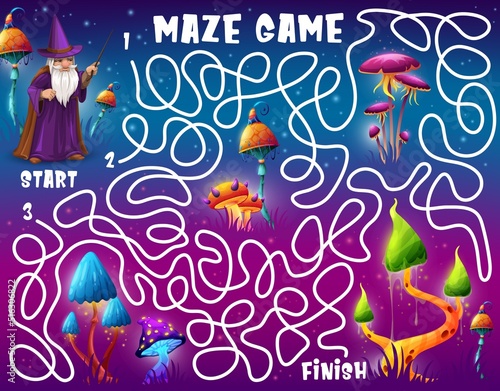 Labyrinth maze game, help wizard find magic mushroom, vector kids puzzle worksheet. Labyrinth maze riddle to find way for sorcerer warlock to alien mushrooms in magic witch forest