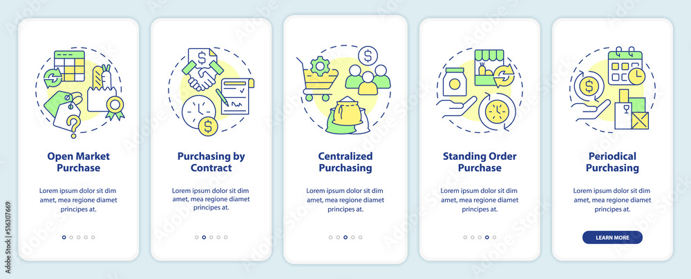 Methods of food purchasing onboarding mobile app screen. Open market walkthrough 5 steps editable graphic instructions with linear concepts. UI, UX, GUI template. Myriad Pro-Bold, Regular fonts used