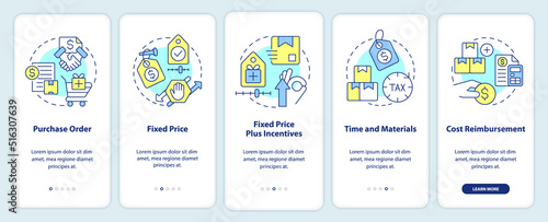 Types of contracts onboarding mobile app screen. Purchase order walkthrough 5 steps editable graphic instructions with linear concepts. UI, UX, GUI template. Myriad Pro-Bold, Regular fonts used
