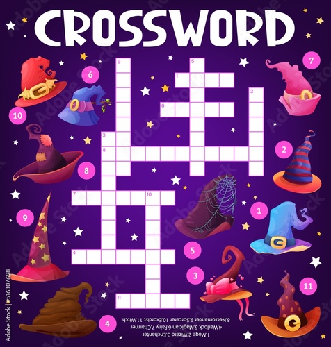 Witch and wizard hats, crossword puzzle worksheet, find a word quiz game grid. Vector search riddle with magician headwear for children learning activity. Cross word kids test with cartoon mage caps