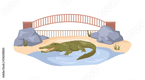Crocodile in nature reserve bio park for animals, habitat for alligator. Zoo with semiaquatic reptiles, climate and pond for amphibian. Menagerie flat cartoon, vector illustration