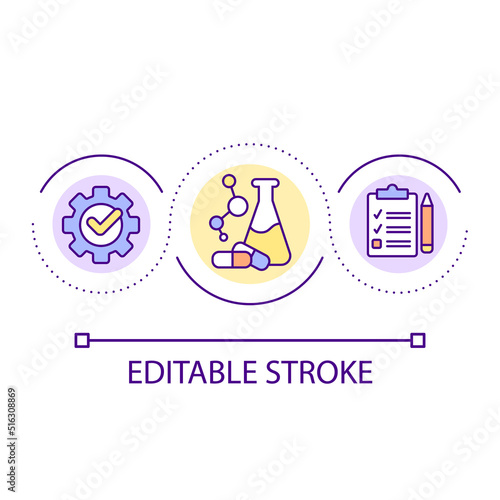 Biochemistry loop concept icon. Drugs development process. Healthcare. Research report abstract idea thin line illustration. Isolated outline drawing. Editable stroke. Arial font used