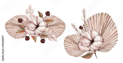 Hand Drawn Watercolor Boho Floral Illustration isolated on white background. Watercolour Beige Bohemian Flowers Composition. Palm Leaves  Piones and Lunaria Flower. Perfect for Wedding Invitations
