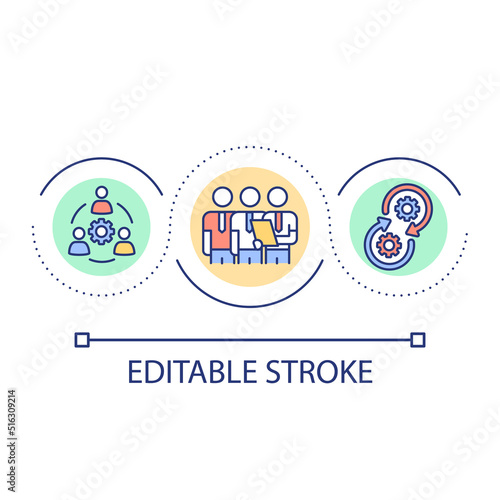 Specialists interaction loop concept icon. Process organization. Teamwork and collaboration abstract idea thin line illustration. Isolated outline drawing. Editable stroke. Arial font used