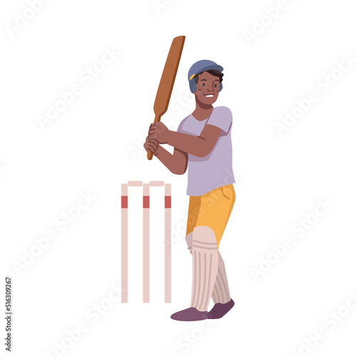 Young energetic player hit the ball at cricket tournament vector illustration. Flat cartoon afro american child plays cricket sport activity, batsman in defense uniform