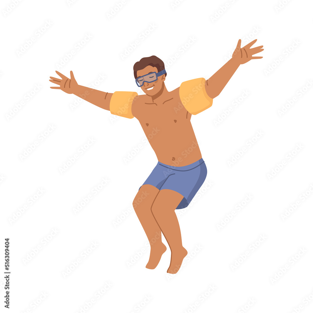 Boy jump into the sea. Cheerful tourist flat vector character, happy person having fun on vacation. Young man wearing inflatable swimming arm bands jumping in pool or sea water Boy jump into the sea. Cheerful tourist flat vector character, happy person having fun on vacation. Young man wearing inflatable swimming arm bands jumping in pool or sea water