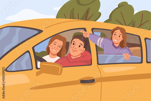 Road trip of family of parents and daughter. People drive car, holidays and relax on weekends. Mom and dad with child journey adventure in van transport. Vector illustration, flat cartoon
