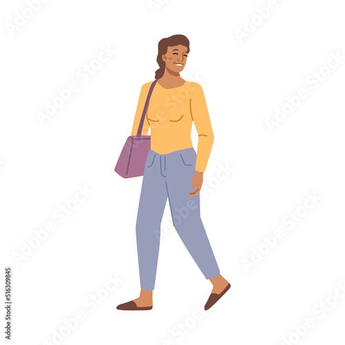 Walking female character, isolated strolling woman wearing casual clothes and handbag. Lady recreation and rest, outdoors fashion. Vector illustration, flat cartoon personage