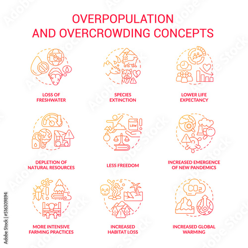 Overpopulation and overcrowding red gradient concept icons set. Global problems and effects idea thin line color illustrations. Isolated symbols. Roboto-Medium, Myriad Pro-Bold fonts used
