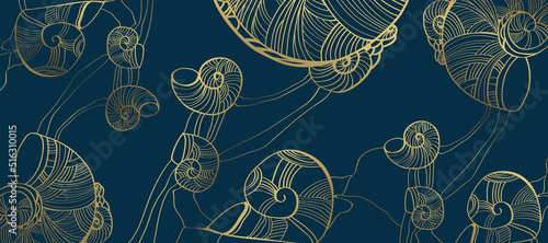 Luxury wallpaper design with golden sea shells and vector background. sea shells line design for wall art, fabrics, prints and background, vector texture. photo
