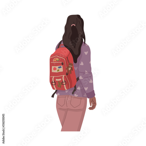 Highschool woman student with backpack, back view of woman from college or university. Vector brunette fashion lady with knapsack, girl traveler rear view