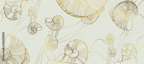 Luxury wallpaper design with golden sea shells and vector background. Sea shells line design for wall art, fabric, prints and background, vector texture. photo
