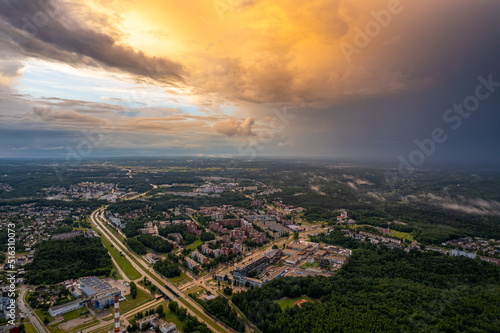 Aerial summer storm cloudy view of Vilnius  Baltupiai  Jeruzale and Fabijoniskes districts   Lithuania
