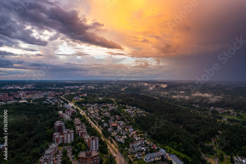 Aerial summer storm cloudy view of Vilnius (Baltupiai, Jeruzale and Fabijoniskes districts), Lithuania