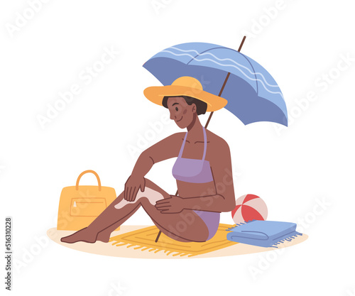 Protecting skin during tanning on beach, isolated woman sitting under umbrella applying lotion or sunblock. Lady with moisturizer treatment. Flat cartoon character, vector illustration
