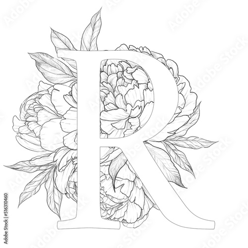 Vitage floral peony line large letter R