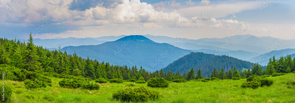 Colorful natural summer landscape in the Carpathian mountains. Landscape of summer mountains for wallpaper. Carpathian, Ukraine. Beauty world. Panorama of mountains.