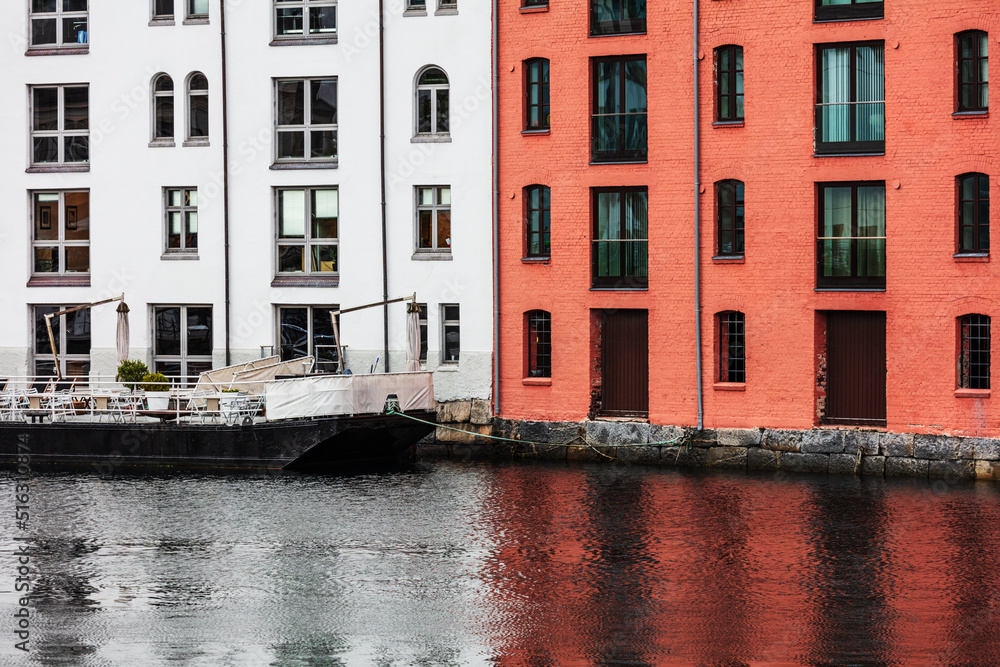 Naklejka premium houses and cafes in center of Alesund, Norway