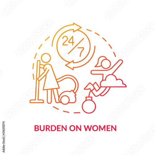 Burden on women red gradient concept icon. Increase responsibility. Social effect of overcrowding abstract idea thin line illustration. Isolated outline drawing. Myriad Pro-Bold fonts used