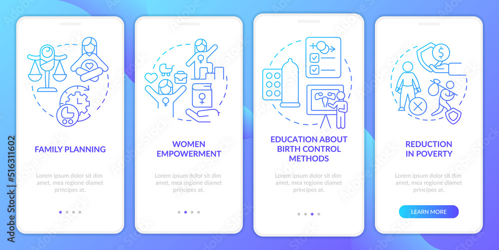 Solutions to overpopulation blue gradient onboarding mobile app screen. Walkthrough 4 steps graphic instructions with linear concepts. UI, UX, GUI template. Myriad Pro-Bold, Regular fonts used Solutions to overpopulation blue gradient onboarding mobile app screen. Walkthrough 4 steps graphic instructions with linear concepts. UI, UX, GUI template. Myriad Pro-Bold, Regular fonts used