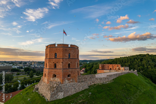 Aerial summer beautiful sunset view of Vilnius Old Town (Gediminas Castle Tower), Lithuania