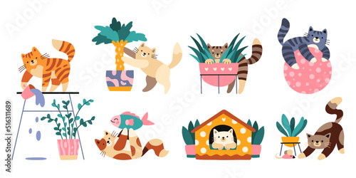 Vector illustrations of funny playful cats. Collection of 7 diverse scenes with cute animals for stickers, web, cards, ads, social media. Expressive pet characters. Cat day
