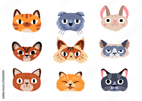 Vector illustration of funny emotional cat faces. Animal portraits for stickers  masks  icons  avatars  social media. Expressive pet characters. Cat day. Flat hand drawn cartoon vector illustration