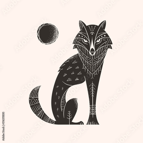 Tribal, ethnic, ancient style wolf and moon vector illustration. Stylish hand drawn logo, icon, tattoo, poster or print design. 