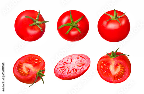 Tomatoes set isolated,red fruit vegetable on white.