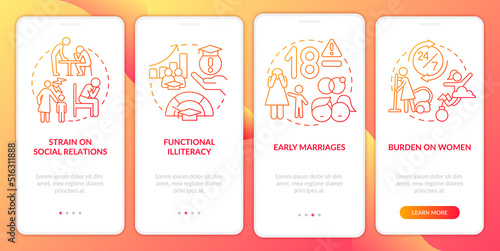 Social effects of overcrowding red gradient onboarding mobile app screen. Walkthrough 4 steps graphic instructions with linear concepts. UI, UX, GUI template. Myriad Pro-Bold, Regular fonts used
