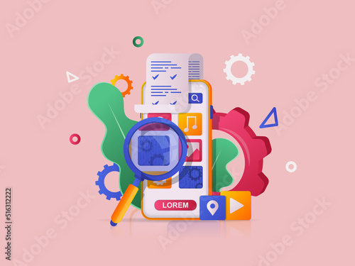 App development concept 3D illustration. Icon composition with smartphone with user interface, mobile programs signs o screen, software analysis and testing. Vector illustration for modern web design