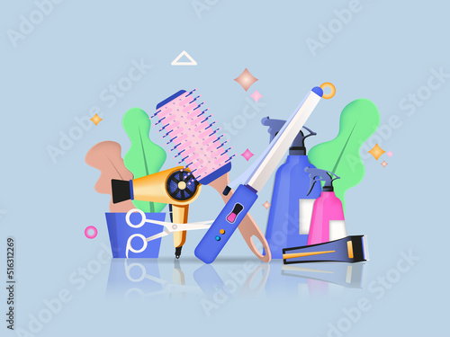 Beauty tools concept 3D illustration. Icon composition with blackboard with curling iron, comb, hair dryer, spray bottle with cosmetics and electric shaver. Vector illustration for modern web design